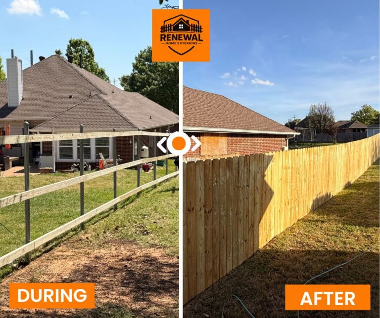 During and After Photo Comparison of fence being installed and completed in Denton TX